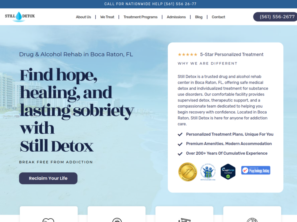 Still Detox website homepage for the Boca Raton drug and alcohol treatment center