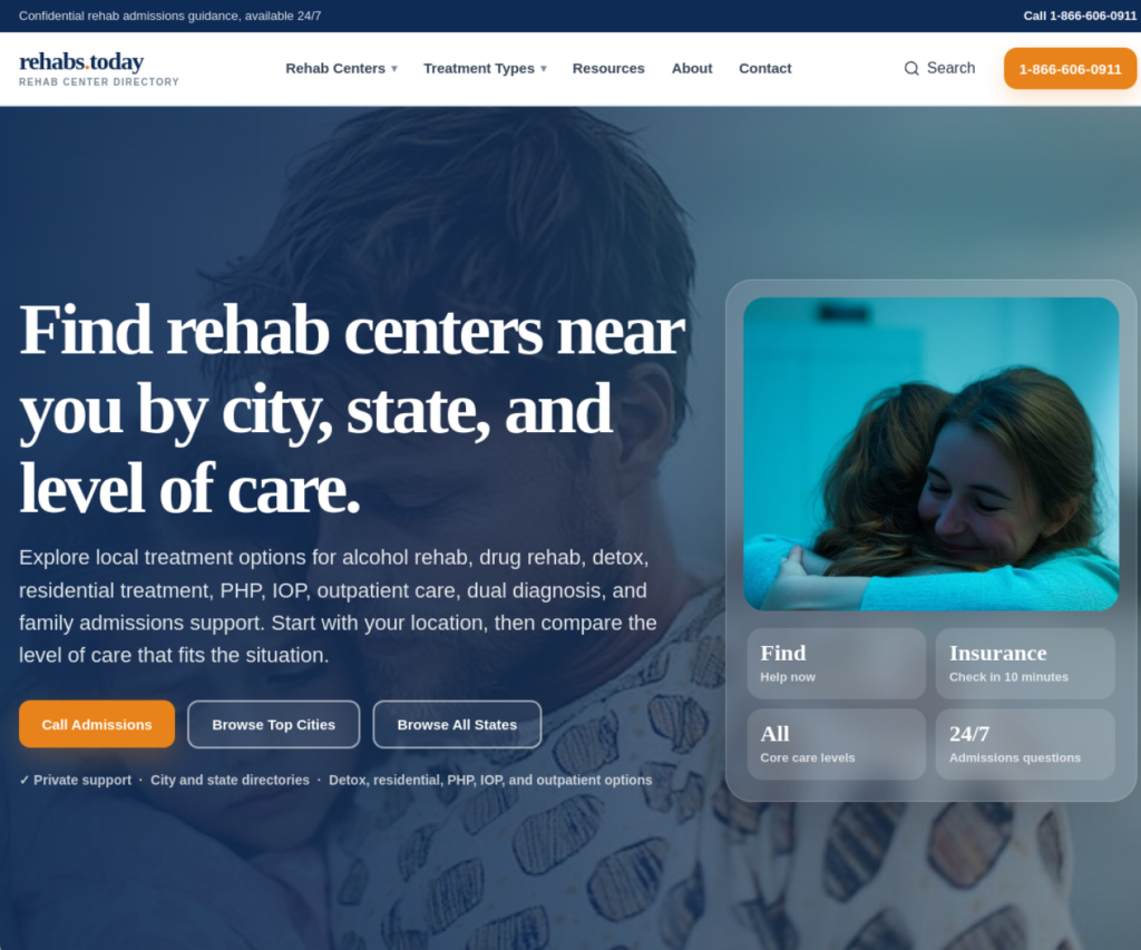 Rehabs.Today homepage with rehab location search and treatment information