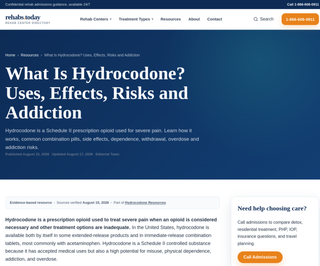 Rehabs.Today hydrocodone guide within the connected Hydrocodone resource structure