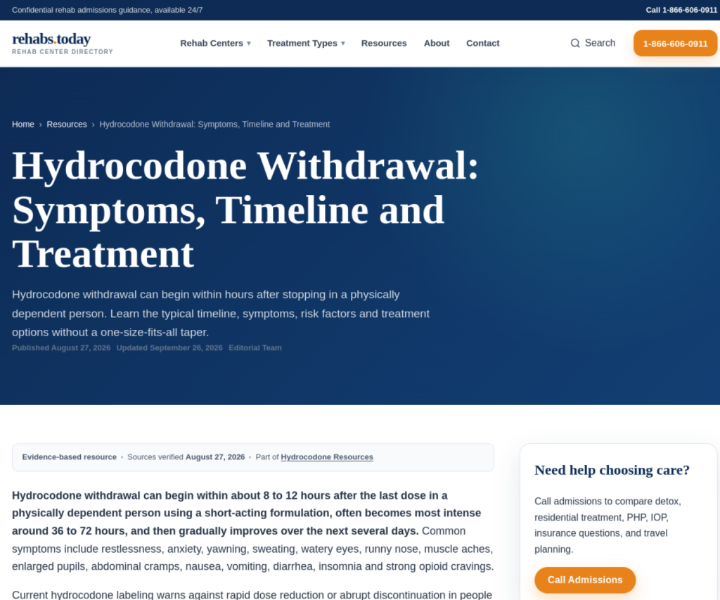 Rehabs.Today hydrocodone withdrawal article connected to the broader Hydrocodone resource group