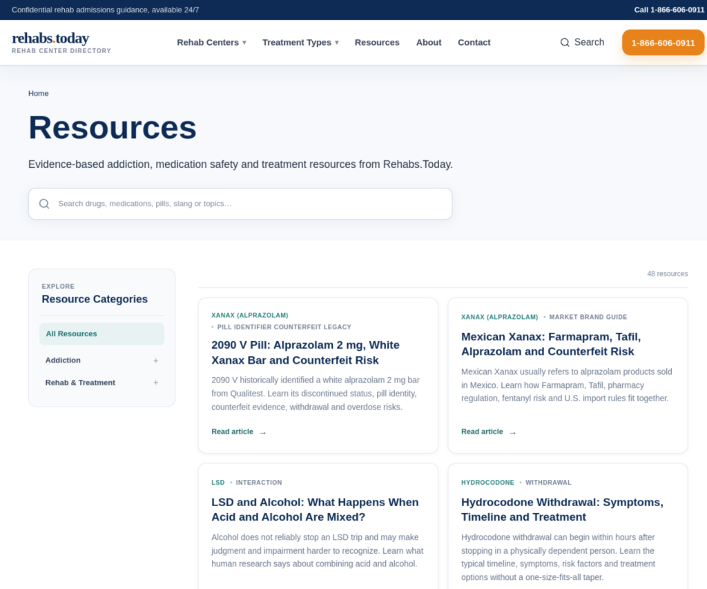 Rehabs.Today resource library with hierarchical addiction and substance categories